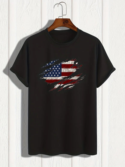 Men's Summer Casual Loose Size 100% Cotton Trendy American Flag Pattern Print Round Neck Short Sleeve T-shirt Top