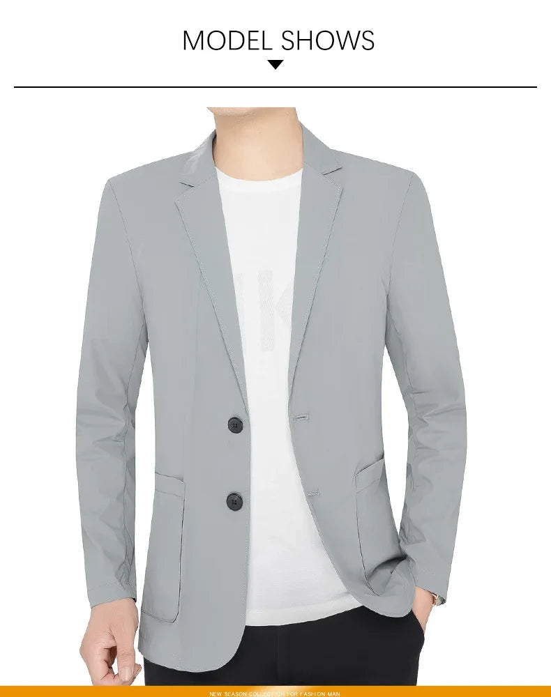Brand Summer Men Blazers Gray Solid Color Thin Anti Wrinkle Quick Drying Soft Business Suit Blazer Jacket for Man