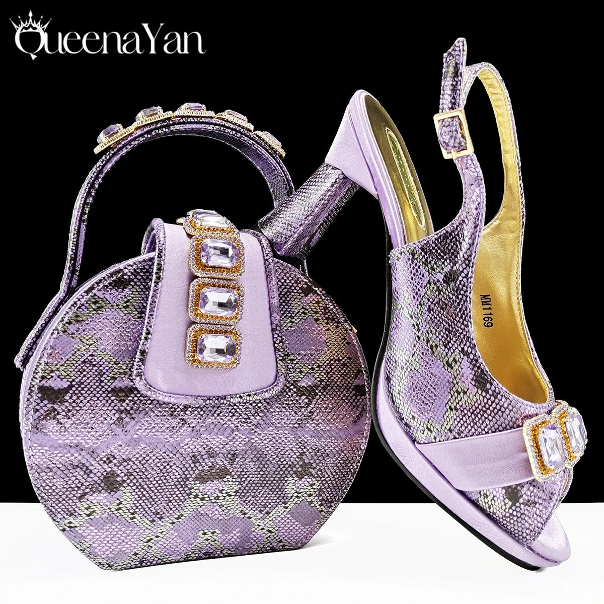 New Luxurious Italian Women's Party Shoes&Bag Set Elegant Golden Rhinestone  Sandals with Peep Toe High Heels Wedding
