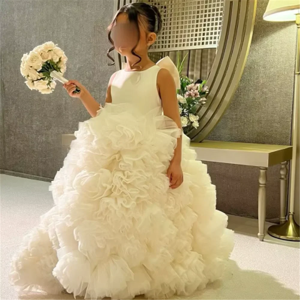 Flower Girl DressesLuxury White Ivory Flower Flower Girl Dresses Pearls Dubai Kids Princess Birthday Wedding Party Children Holi