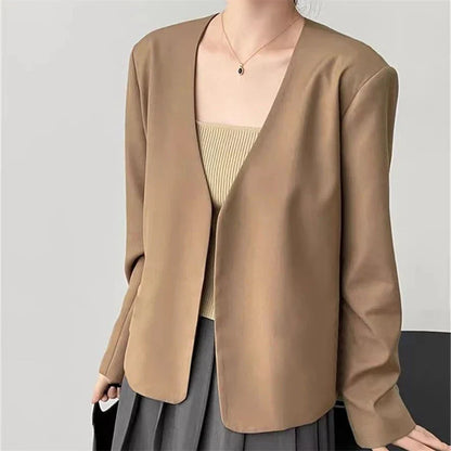 2025 Spring Autumn Fashion New Women's Suit Jackets Solid Short Coats Korean Blazers Long Sleeve Cardigan Coat Without Placket