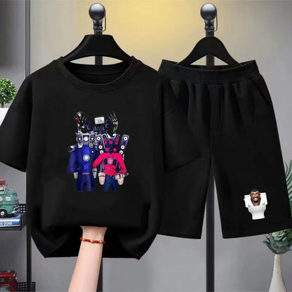 Skibidi Toilet Children T-shirt+bottom wear Age 3-12 Girls boy Set black 2pcs Kids Set Print Summer Anime Toilet Monitor Tshirt