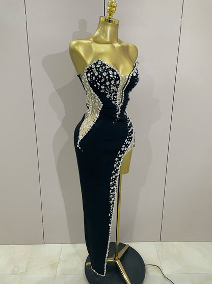 Newest High Quality Sexy Strapless Shinning Rhinestones Bodycon Bandage Long Dress Women Fashion Celebrate Evening Party Vestido