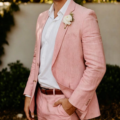 Beige Linen Men Suits 2 Pieces Wedding Tuxedo Summer Slim Fit Groom Blazer Trousers Set Formal Attire wedding suits for men