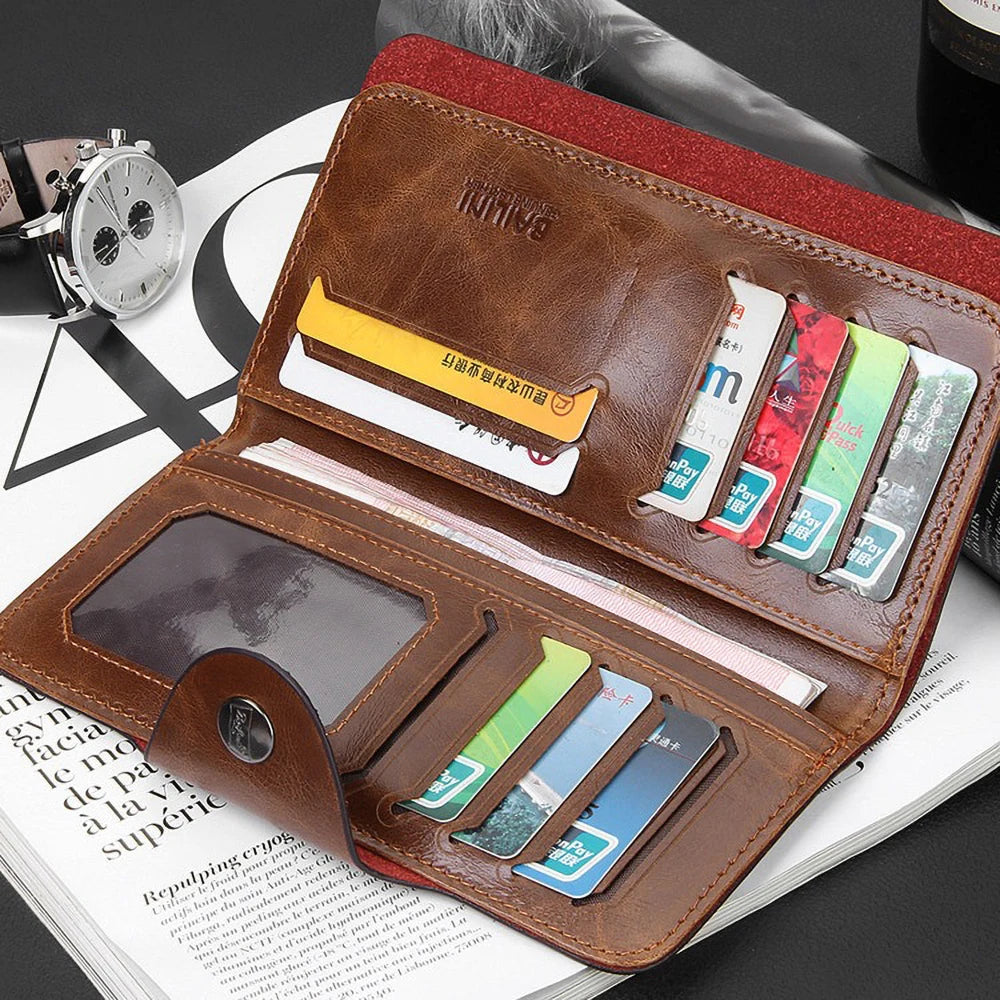Men's PU Vintage Wallet, 13 Card Slots + 3 ID Windows, Ticket Storage, Soft & Wear - Resistant Long Purse