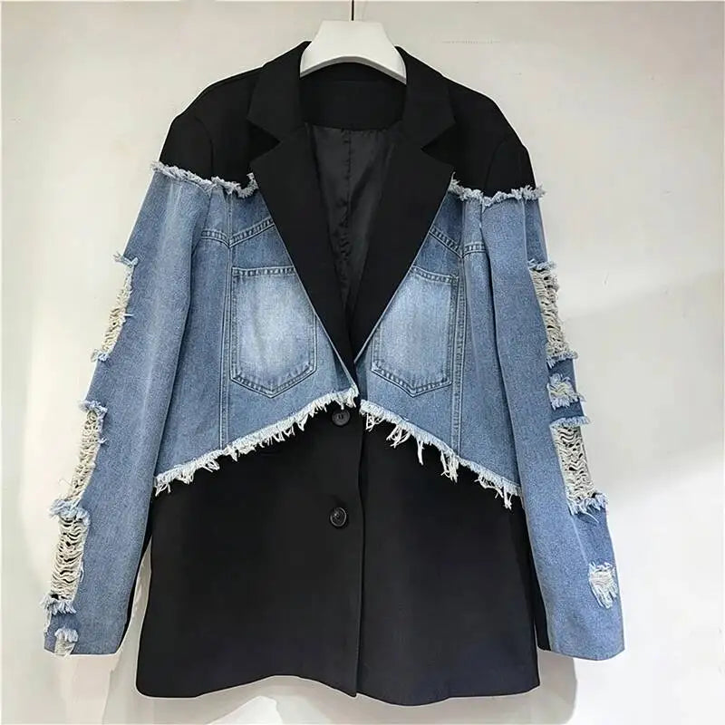 2026 Autumn Elegant Style Faux Two-piece Suit Jacket For Women Raw Edges Ripped Denim Patchwork Loose-fit Blazer 29A9124