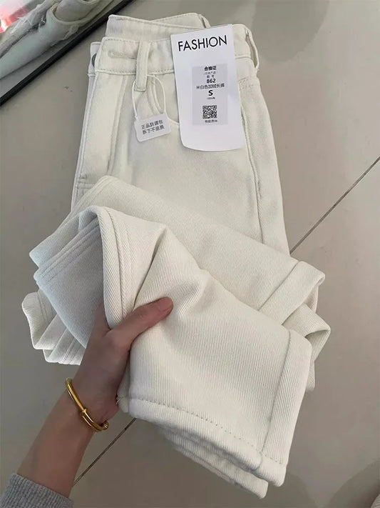 White Slim Wide Leg Denim Jeans Women's Spring New Large Size Casual Pants Loose Straight Hip Covering Slimming Effect