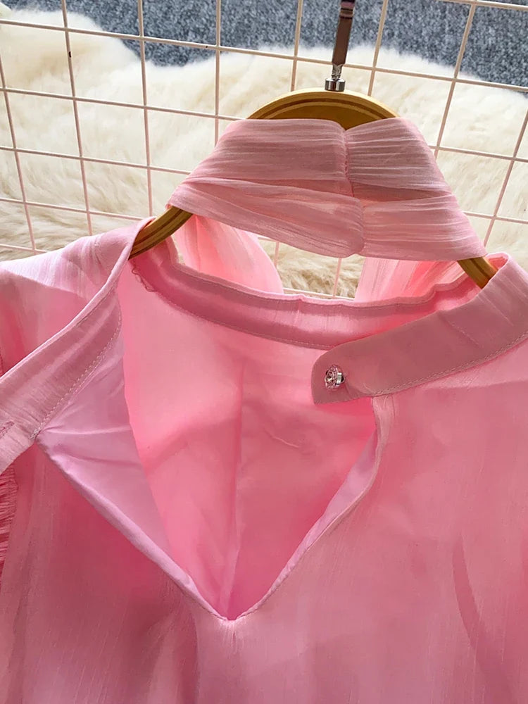 Women Spring Autumn Shirt Fashion French Retro Casual High-end Polka Dot Blouse with Bubble Sleeves Bow Design Top S263