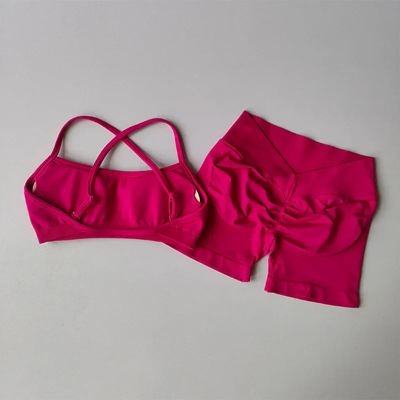 New Women's Seamless Workout Sets Thin Strap Back Sports Bra & 3-Inch Shorts, Quick Dry Gym Yoga Outfits