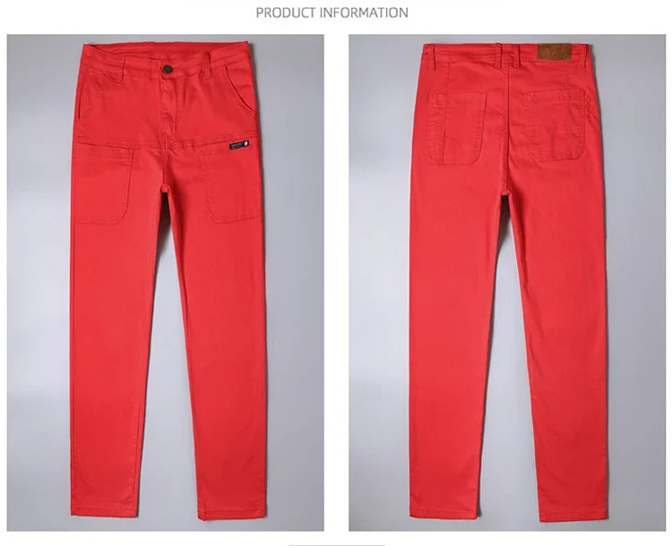 Spring and Autumn Men's Multi-Pocket Design Jeans Fashionable and Versatile White Khaki Red Comfortable Stretch Denim Pants