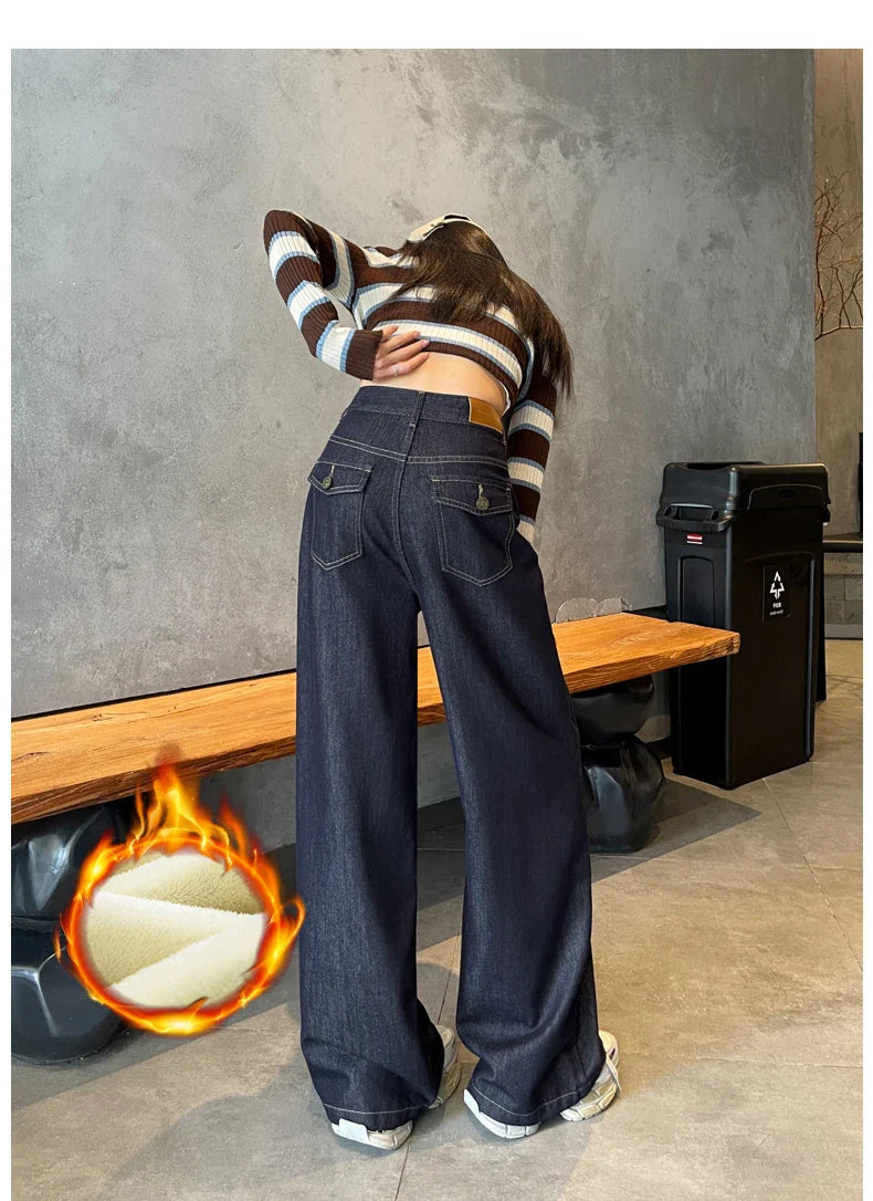 Wide Legs Fleece Jeans Women Winter Loose Velvet Casual Pants Comfortable Warm Straight Fashion Pocket Plush Denim Trousers
