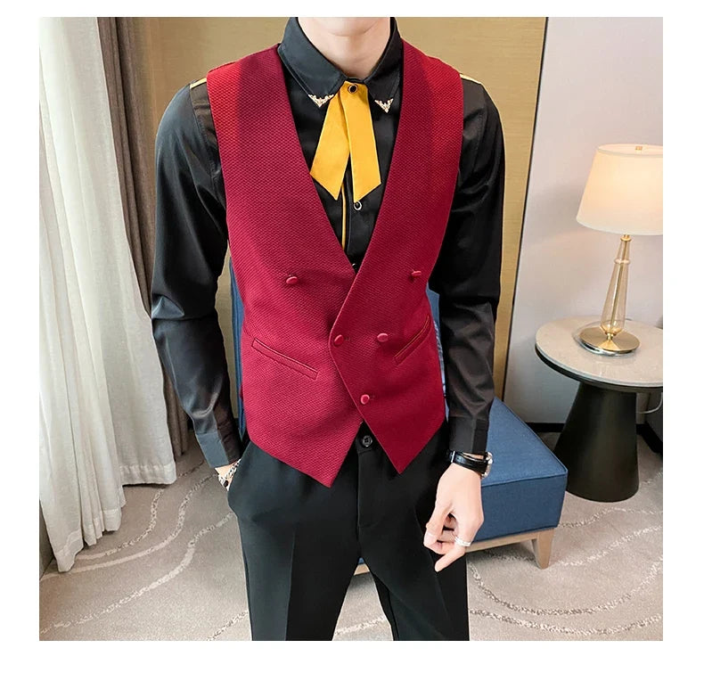 2025 New Fashion Men's Double Breasted Gentleman Dress Casual Vest Fashion Nightclub Bartender Work Clothes V Neck Vest Jacket