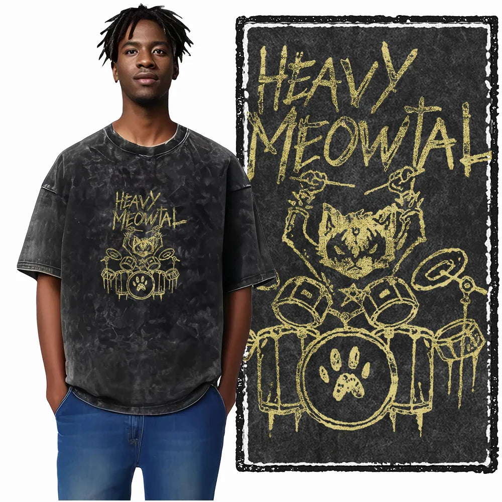 Cat Printed Cotton Acid Washed Exclusive Graphic Unisex T Shirt Cool Streetwear Men Tshirts Big Size Tee for Men