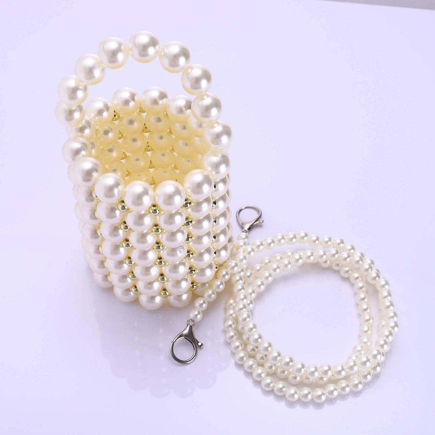 Women's Luxury Pearl Handbag Elegant Handmade Pearl Bucket Bag Detachable pearl chain shoulder Bag Dinner Party Evening Gown Bag