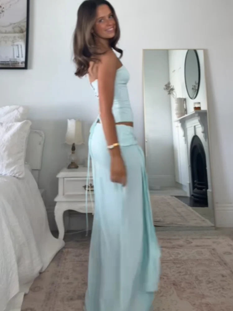 Solid Thin Skirts Set for Women Lace Up Strapless Tight Top Low Waist Straight Skirt 2026 NEW Summer Vacation Party Lady Outfit