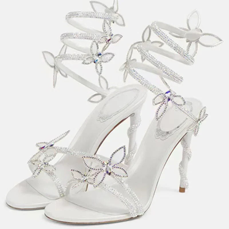 Luxury Designer Pink Flower Rhinestone High Heels Sandals Shoe Sexy Wrap Strap Open Toe Stripper Prom Party Ladies Shoes
