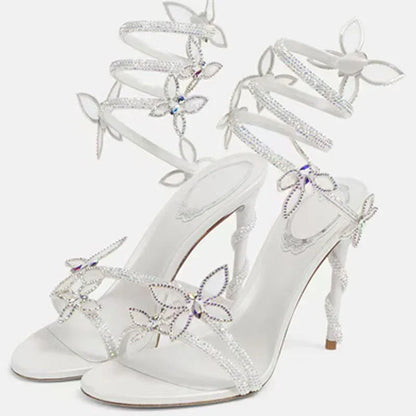 Luxury Designer Pink Flower Rhinestone High Heels Sandals Shoe Sexy Wrap Strap Open Toe Stripper Prom Party Ladies Shoes