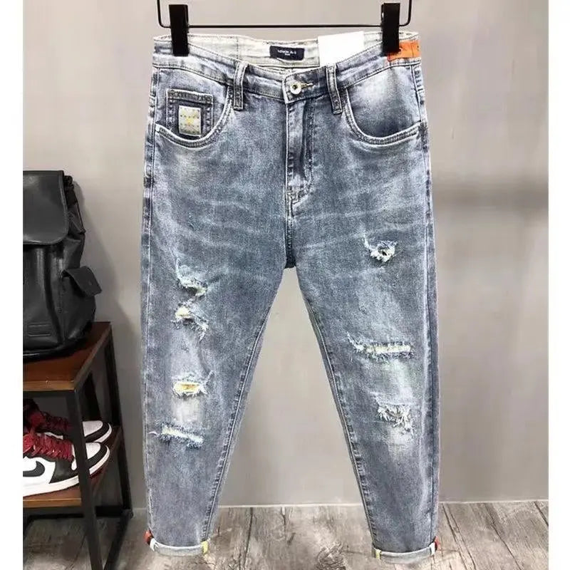 Trendy Men's Slim Fit Jeans Tear Hole Summer Thin Blue Cotton Elastic Waist Zipper Closure Casual Long Pants Youth Wear