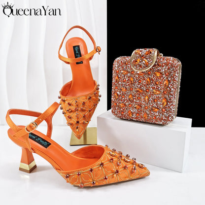 Elegant Full High Quality Diamond Design Olive Color Italian Women's Shoe and Handbag Set for Weddings and Special Occasions