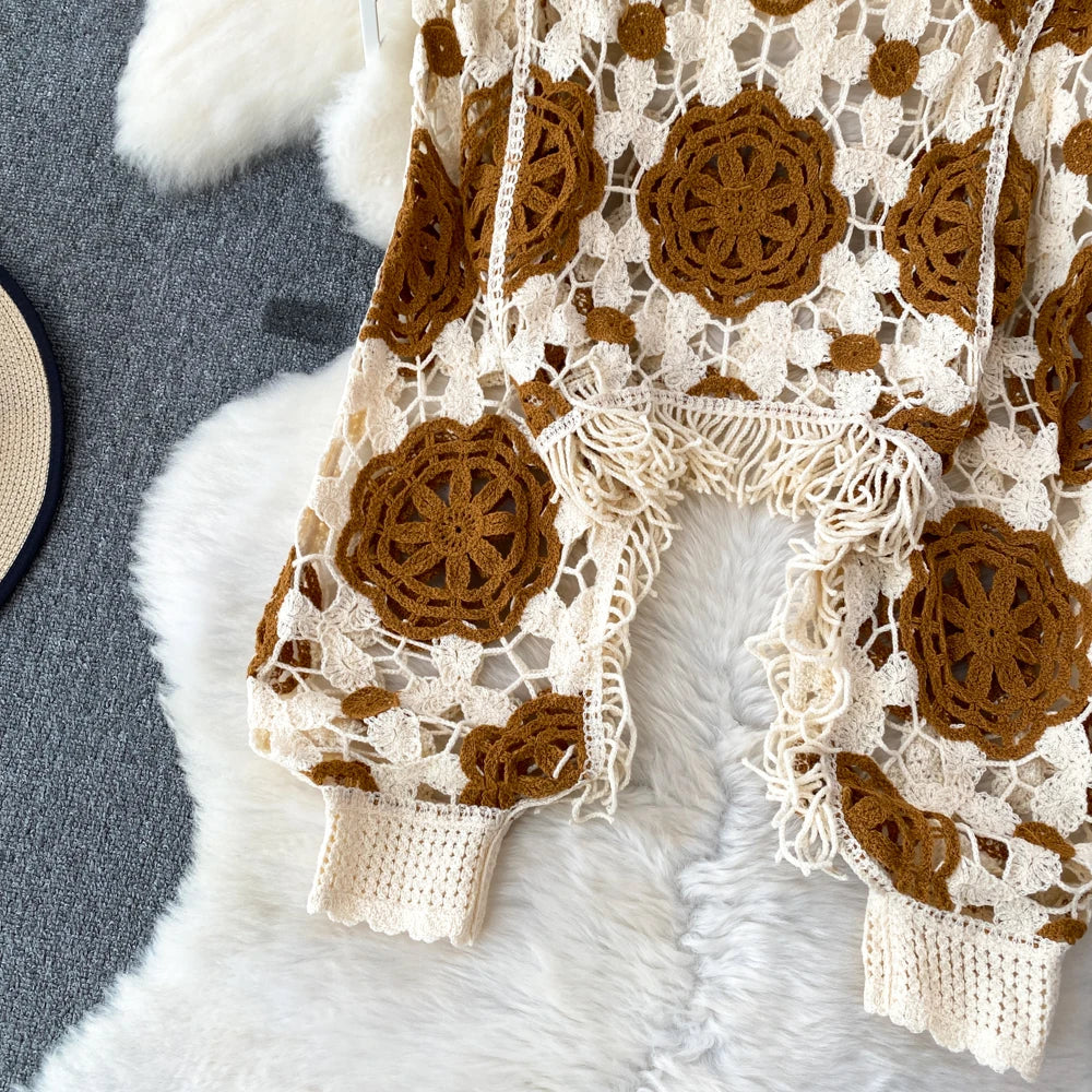 Hook Flower Hollow Out Tops Women Long Lantern Sleeves Tassels Vintage Bohemian Loose Beachwear Hotsweet Knit Blouse