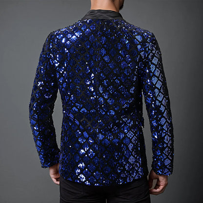 Men's Gold Suit Jacket, Wedding Party Dress Coat, Silver Blue Black Round Metallic Sequin Decoration Blazers.
