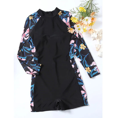 2026 New One Piece Swimsuit Women Floral Long Sleeve Swimwear Zipper Surfing Monokini Push Up Body Suit Beachwear Bathing Suit