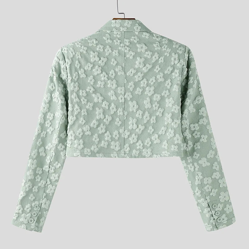 Men Blazer Flower Jacquard Lapel Long Sleeve Crop Coats Men Streetwear Autumn 2025 One Button Fashion Casual Male Suit