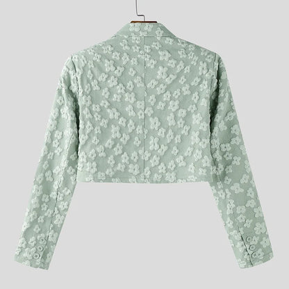 Men Blazer Flower Jacquard Lapel Long Sleeve Crop Coats Men Streetwear Autumn 2025 One Button Fashion Casual Male Suit