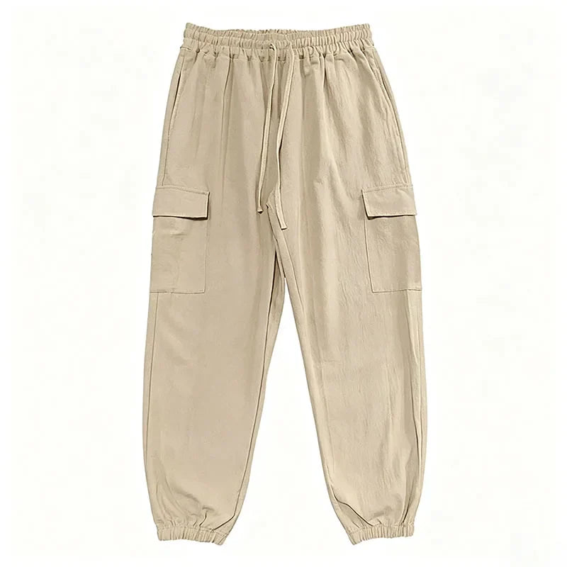 Men's Cotton Linen Blend Cargo Jogger Pants Elastic Waist Drawstring Multi Pockets Casual Breathable Streetwear Trousers for Men