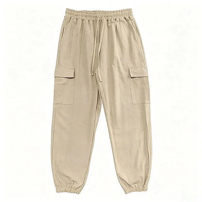 Men's Cotton Linen Blend Cargo Jogger Pants Elastic Waist Drawstring Multi Pockets Casual Breathable Streetwear Trousers for Men