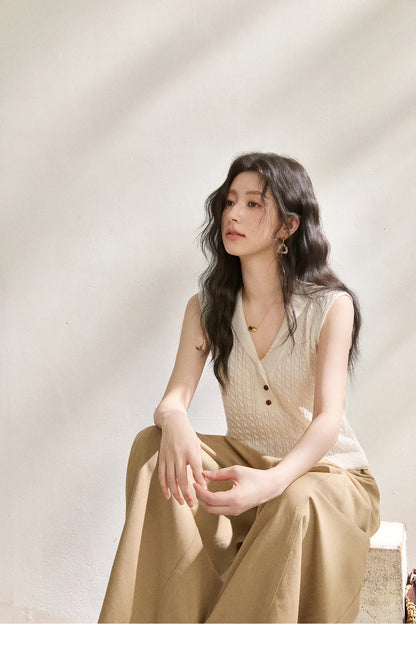 Women Cable Knit V-Neck Henley Tank Top Sleeveless Slim Knit Vest, Casual Basic Solid Tops for Spring Summer MXF25Z3115