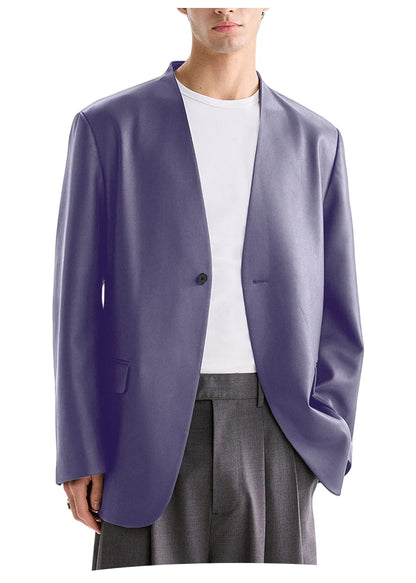 Luxury Men's PU Leather Blazer Collarless Jacket Loose 1 Button Elegant Solid Color Coat for Party Wedding Office Daily Wear