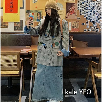 Women's Blazer Jacket 2025 Spring Autumn Fashion Graffiti Printed Ladies Lattice Suit Coat Casual Korean Version Lady Outerwear