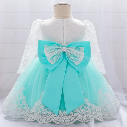 Long Sleeve Baby Girls Dress Newborn White Baptism Tulle Party Wedding 1st Birthday Princess Dresses Infant Girls Bow Prom Gown