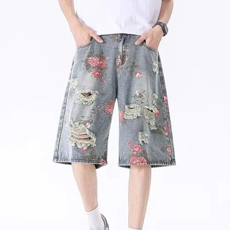 2025 Mens Rose Print Distressed Denim Shorts Summer Baggy Ripped Jeans Five Inch Cargo Shorts Y2K Streetwear Vintage Hip Hop