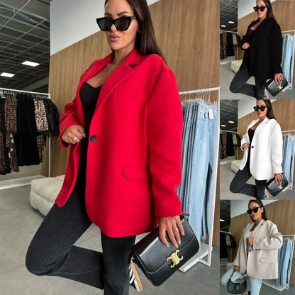 Women Casual Loose Fit Blazer Jacket Elegant Lapel Neck Long Sleeve Button Decor Office Coat For Daily Streetwear