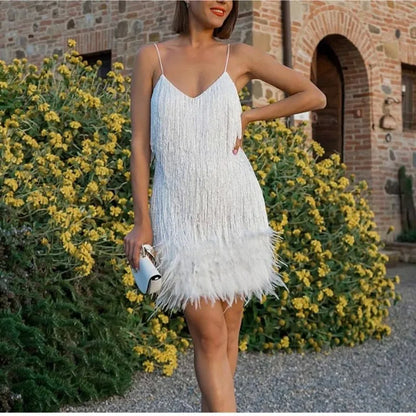 2025 New Sexy Tassel Sequins Feather Mini Dress Women Spaghetti Strap Stitching Dresses Female Elegant Evening Party Club Dress