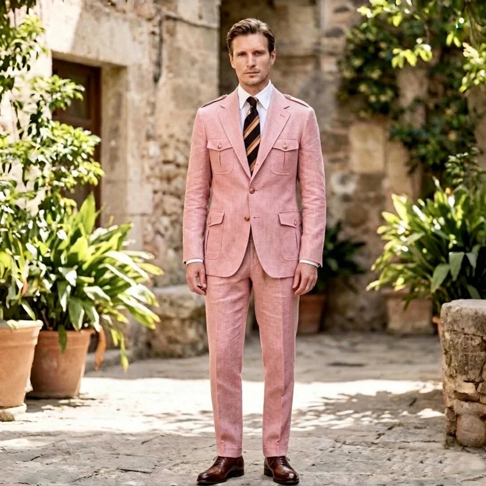 Linen Safari Suits Custom Tailored Separates 2 Pieces Blazer Pants for Men Summer Wedding Groom Tuxedo Trajes Para Hombre