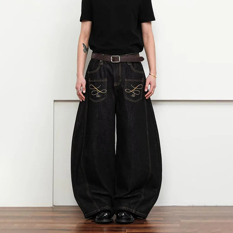 Korean Spring And Autumn Men'S Embroidered Curved Knife Jeans Wide Leg Pants Low Waist Casual Loose Straight Leg Pants