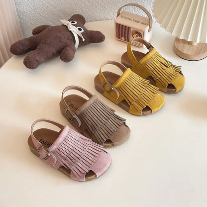 Summer Peep Toe Tassel Children Shoes Girls Sandals Soft Bottom Flat Heel Buckle Girl's Shoes Back Strape Slingbacks Shoe I05285