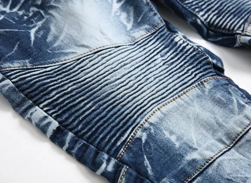 Zipper Pocket Retro Nostalgic Jeans Men's New Style High Street Motorcycle Fashion Stretch Slim Straight Denim Trousers Male