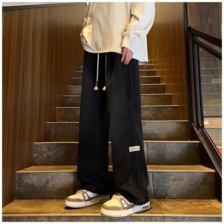Three bar American retro jeans men's spring and autumn new style high street elastic waist loose casual men's straight leg long