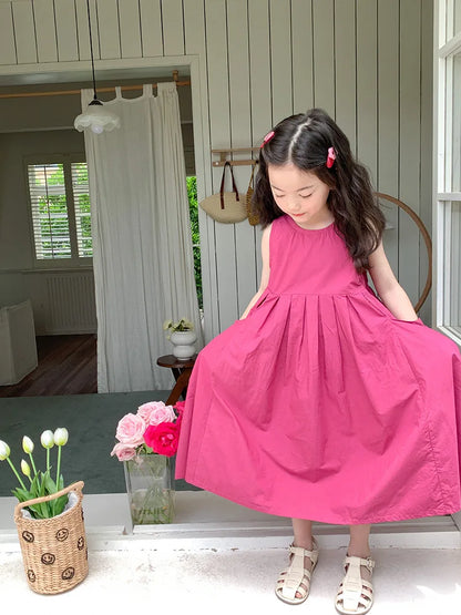 2026 New Summer Children Girls Sleeveless Dress Teen Solid Color Cotton Loose Casual Sundress Kids Vacation Style Princess Dress