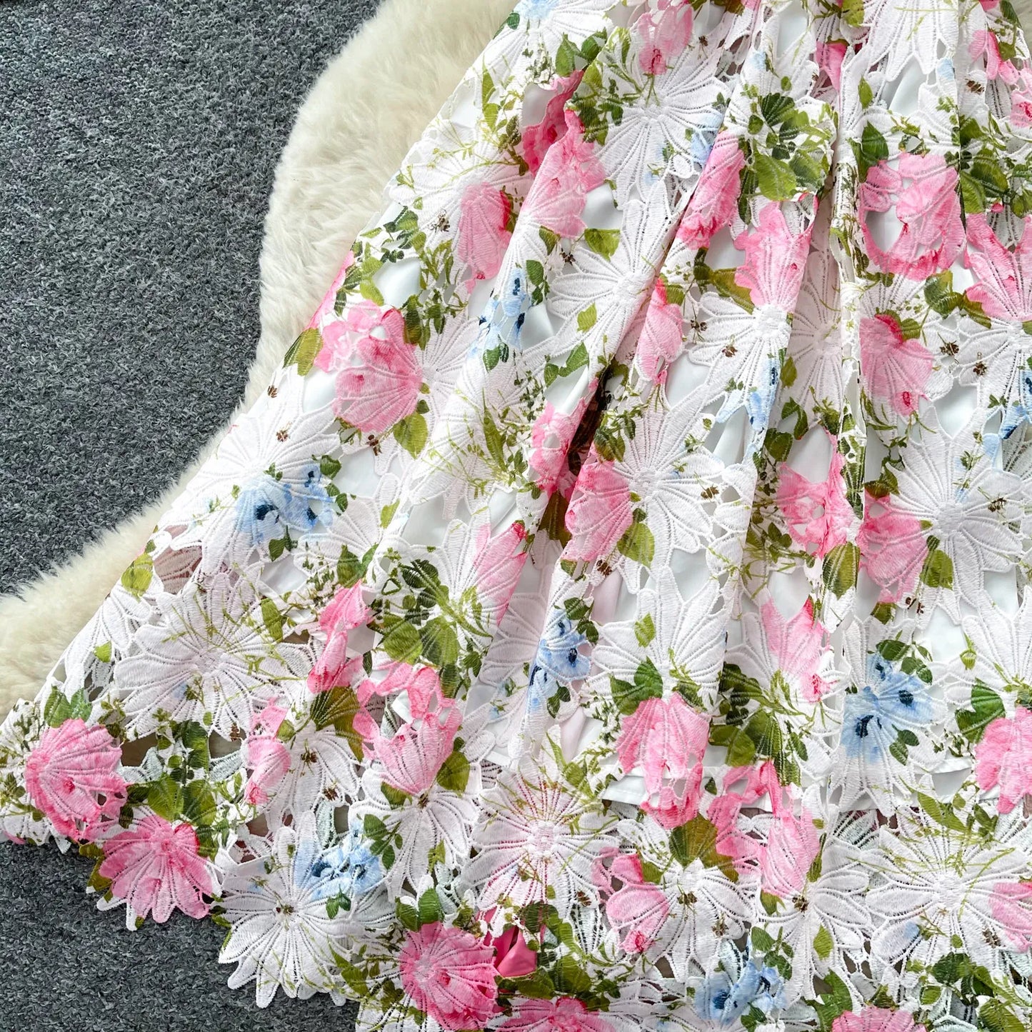 Embroidery Flower Vacation Dress French Style Blet Lapel Slim High Quality Hollow Out Ladies Elegant A-line Long Dress