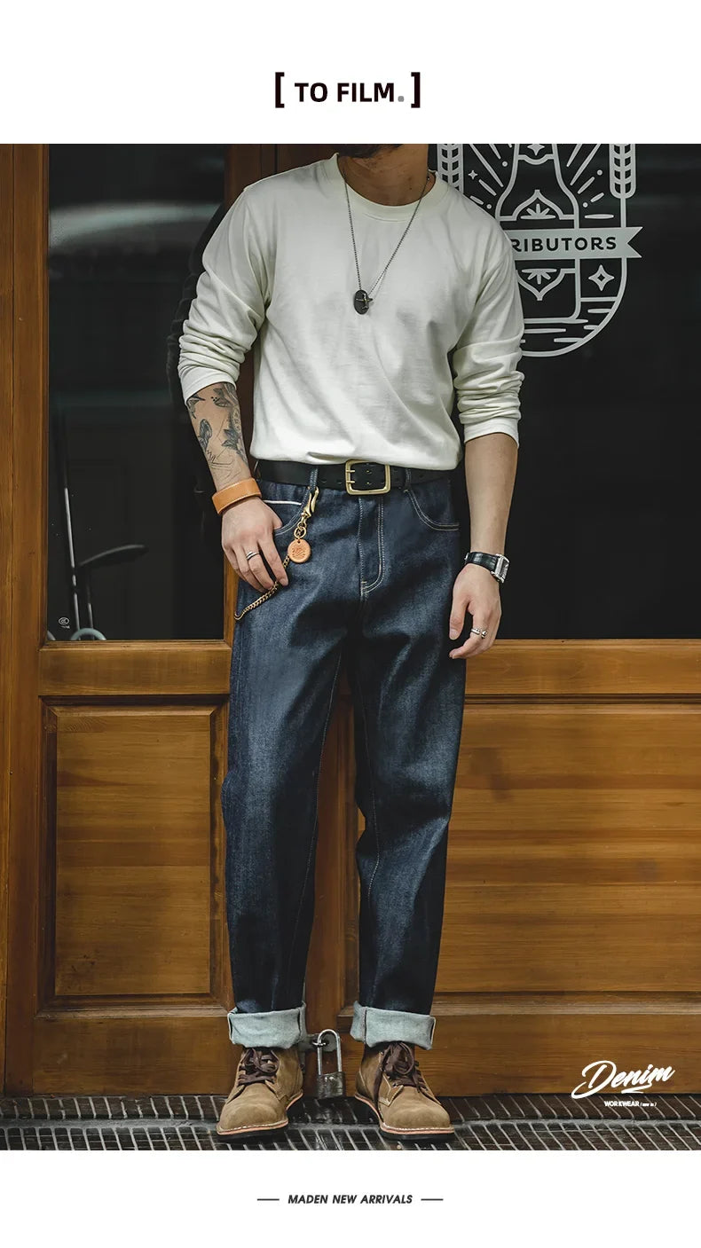 Vintage 13.5oz Heavyweight Denim Jeans Washed Straight Mid Waist Pants Men's Indigo Selvedge Raw Denim Jeans for Autumn