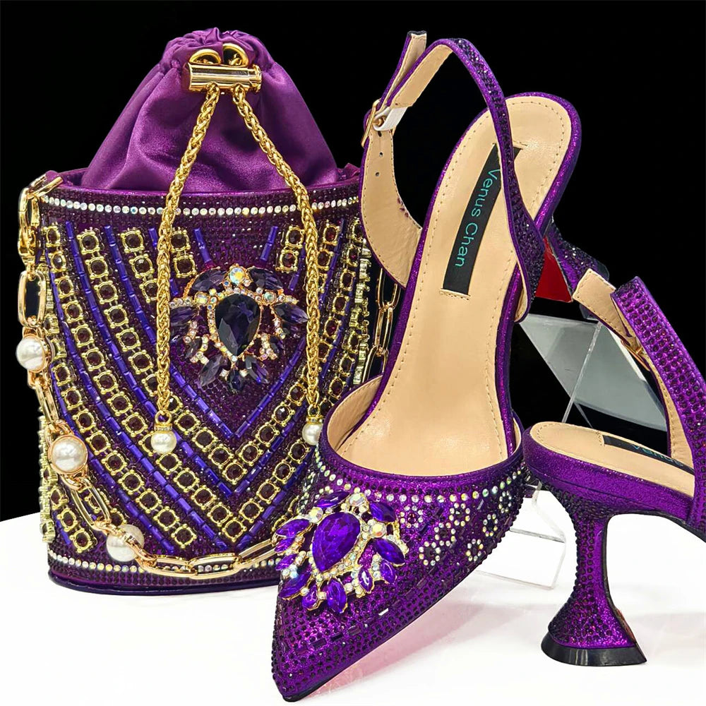 Nigerian Heel Party for Women Red Color Shoes and Bag Set Rhinestone Handbag Italian Design Wedding INS 2024