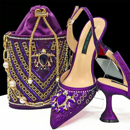 Nigerian Heel Party for Women Red Color Shoes and Bag Set Rhinestone Handbag Italian Design Wedding INS 2024