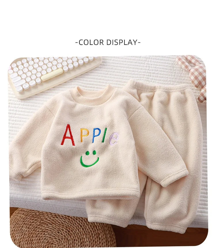 Winter Warm Kids Loungewear Suit Baby and Girls Boys Loose Embroidery Full Fleece Coat Tops+Pant Set Child 2PCS Homewear 1-8 Yrs