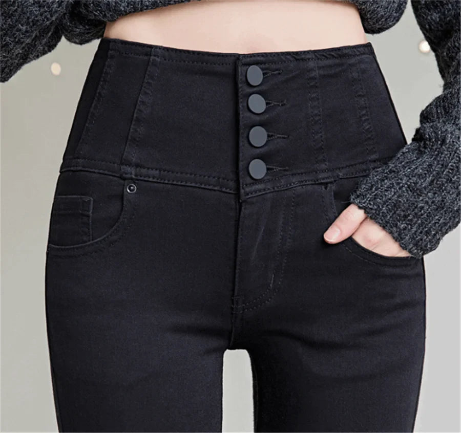 Button Fly Jeans High Waist Front for Women Tummy Control Stretch Denim Black Petite XS - 4XL Dress Pants With Pocket