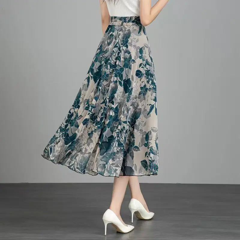 Women's Floral Print Chiffon Maxi Skirt High Waist A-line Casual Summer Skirt